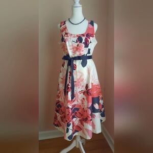 Signature by Robbie Bee Pink and Navy Floral Midi Dress